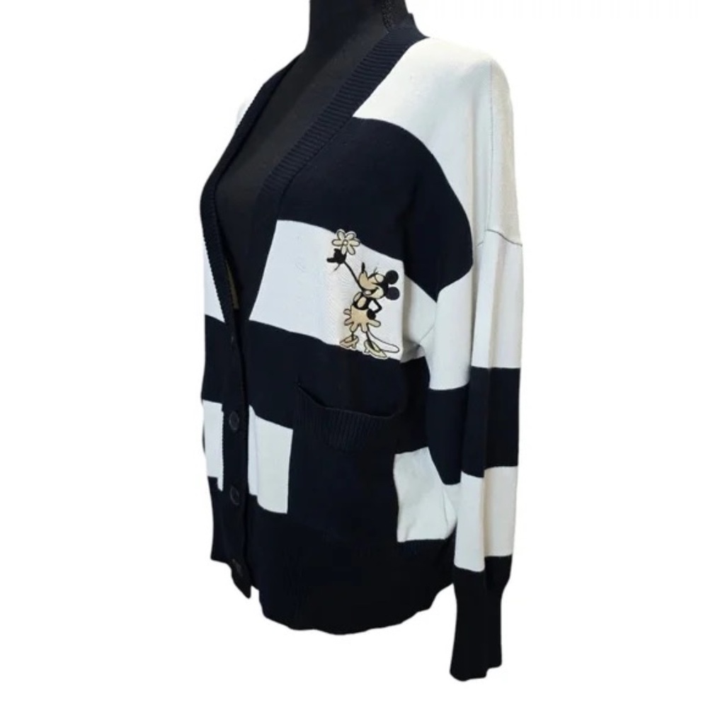 Disney Minnie Mouse Vintage Black Off White Cream Striped Cardigan Sz S